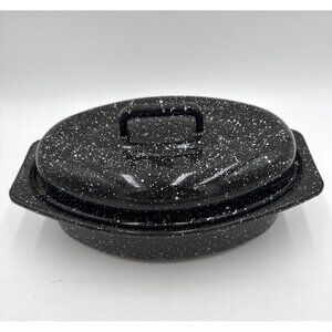 Small Black Enamelware Oval Roasting Pan With Lid Speckled Finish - 13" Cookware